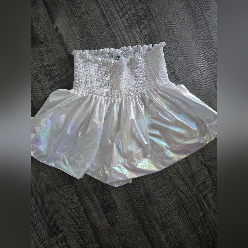 QUEEN OF SPARKLES White Iridescent Tube Romper Shorts